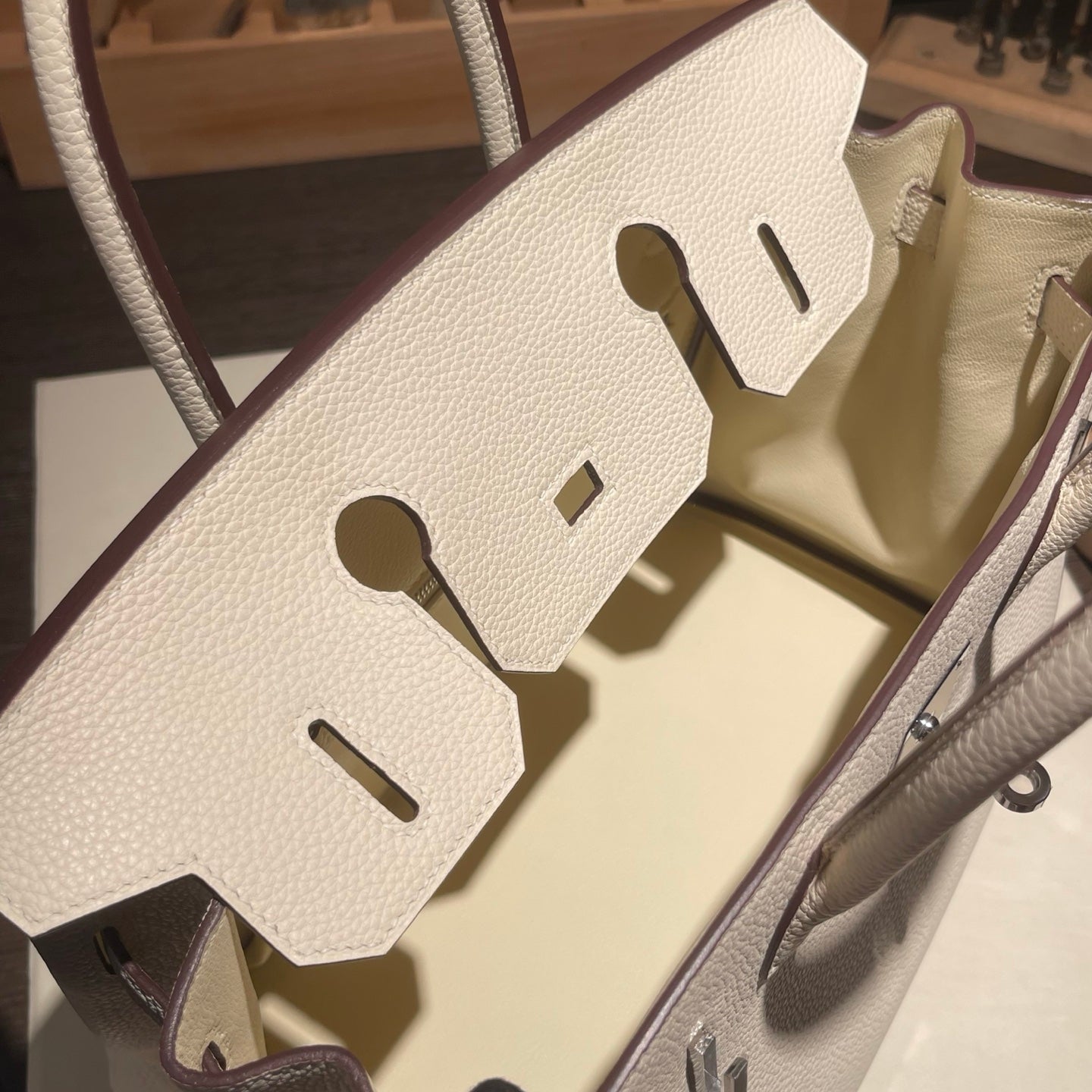 Handmade Cream White Togo leather top handle bag with silver hardware 30cm detail view 9