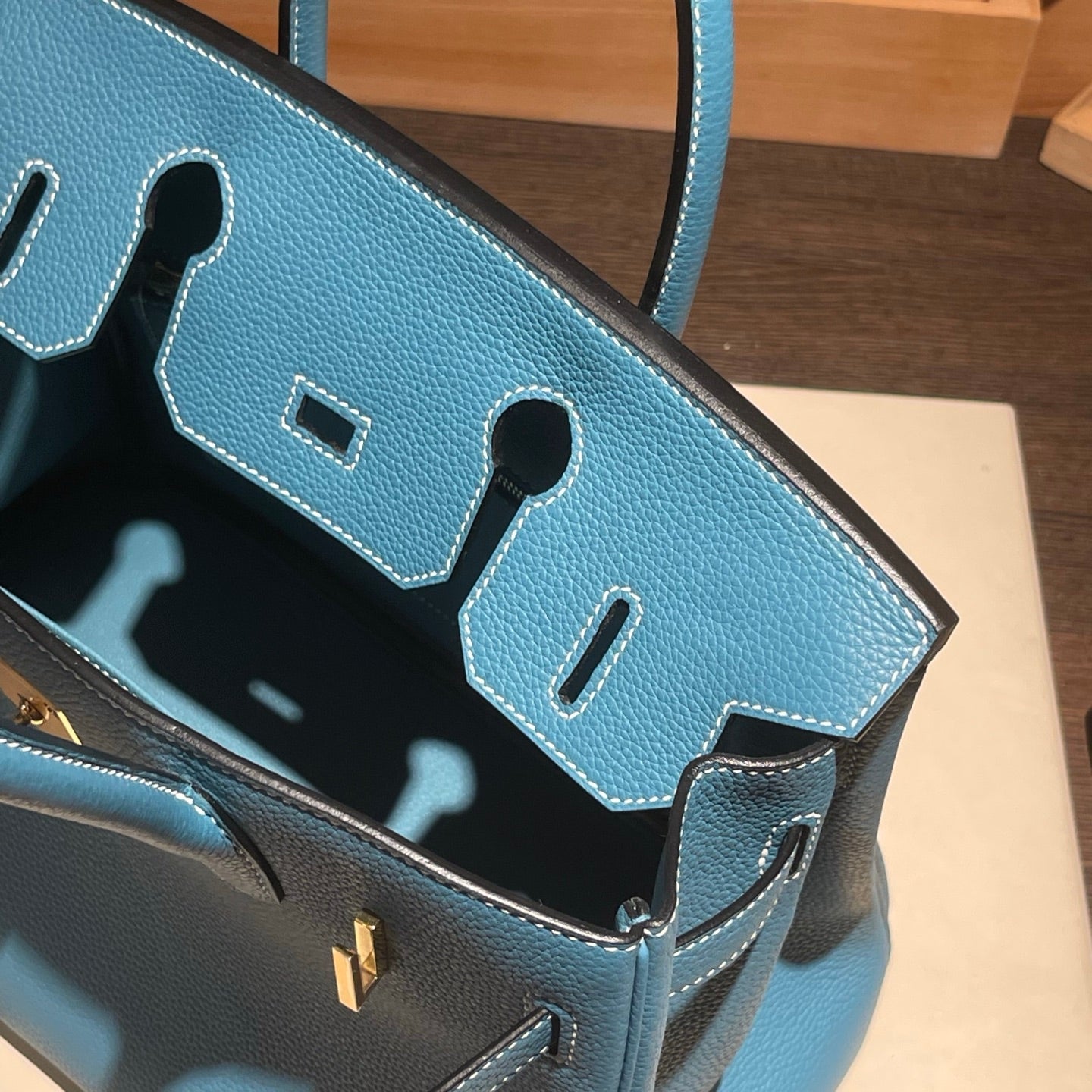 Handmade Denim Blue Togo leather top handle bag with gold hardware 30cm detail view 9