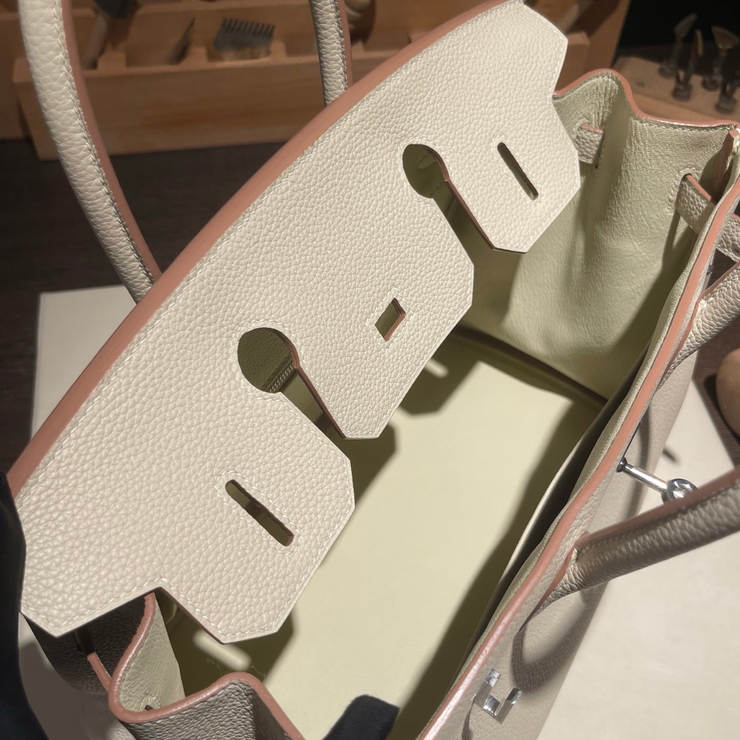 Handmade Milkshake White Togo leather top handle bag with silver hardware 30cm detail view 9