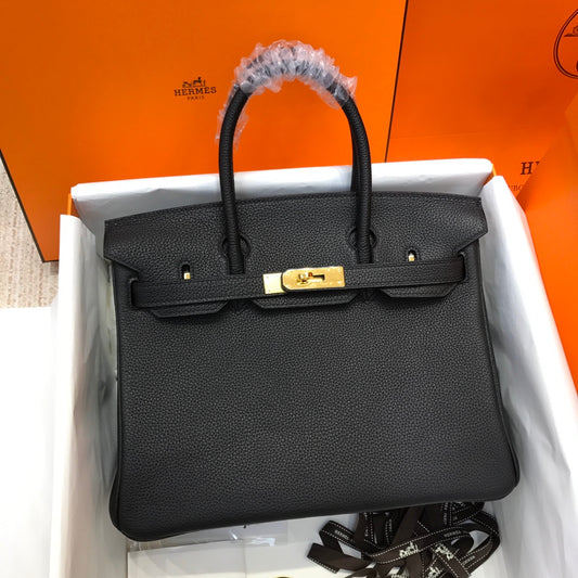 Handmade black Togo leather top handle bag 30cm detail view 1