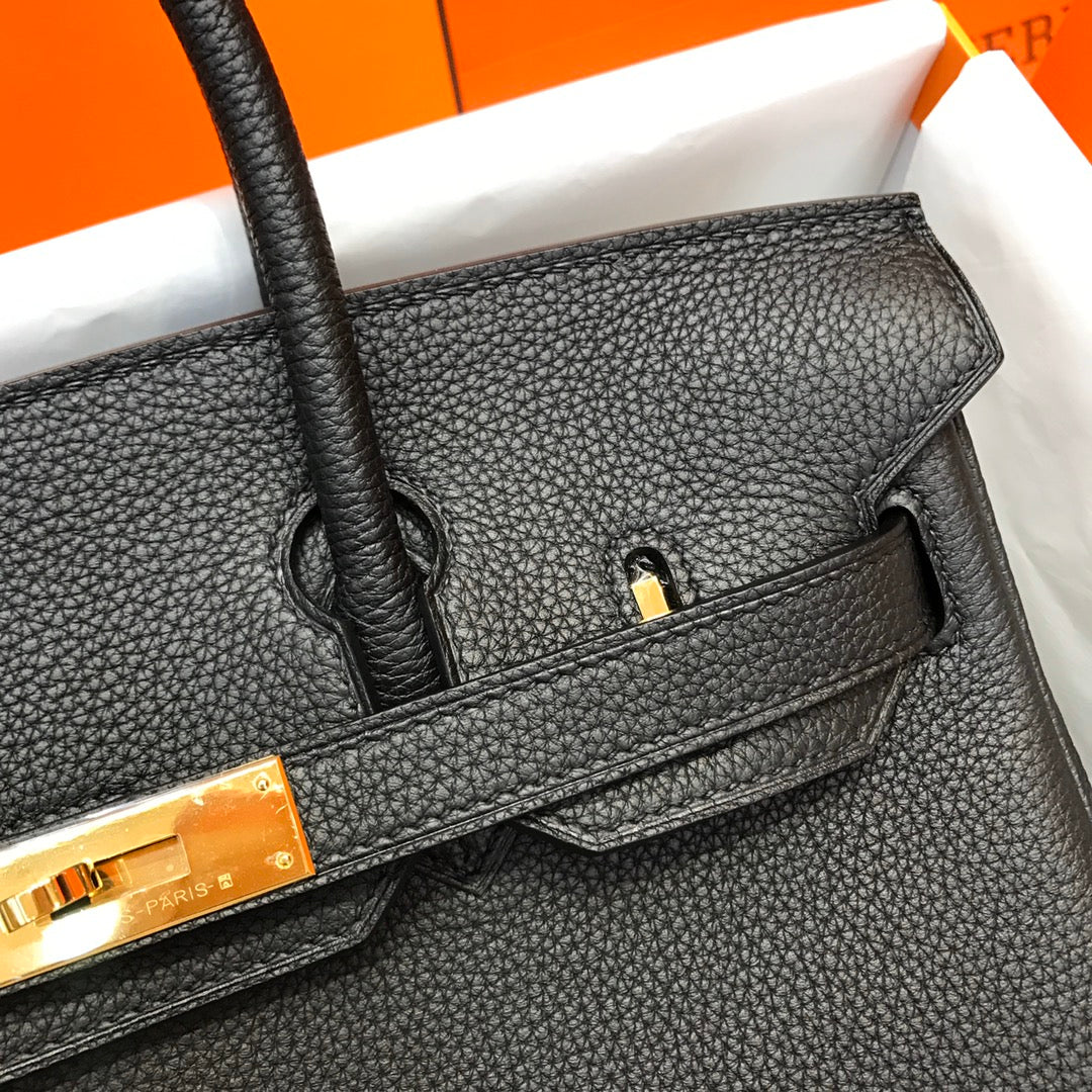 Handmade black Togo leather top handle bag 30cm detail view 3