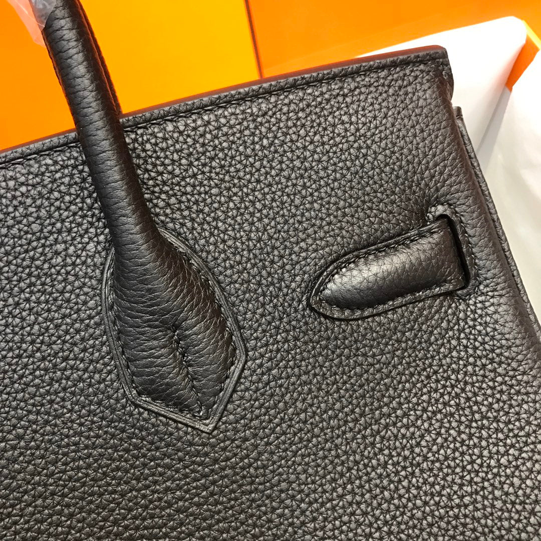 Handmade black Togo leather top handle bag 30cm detail view 4