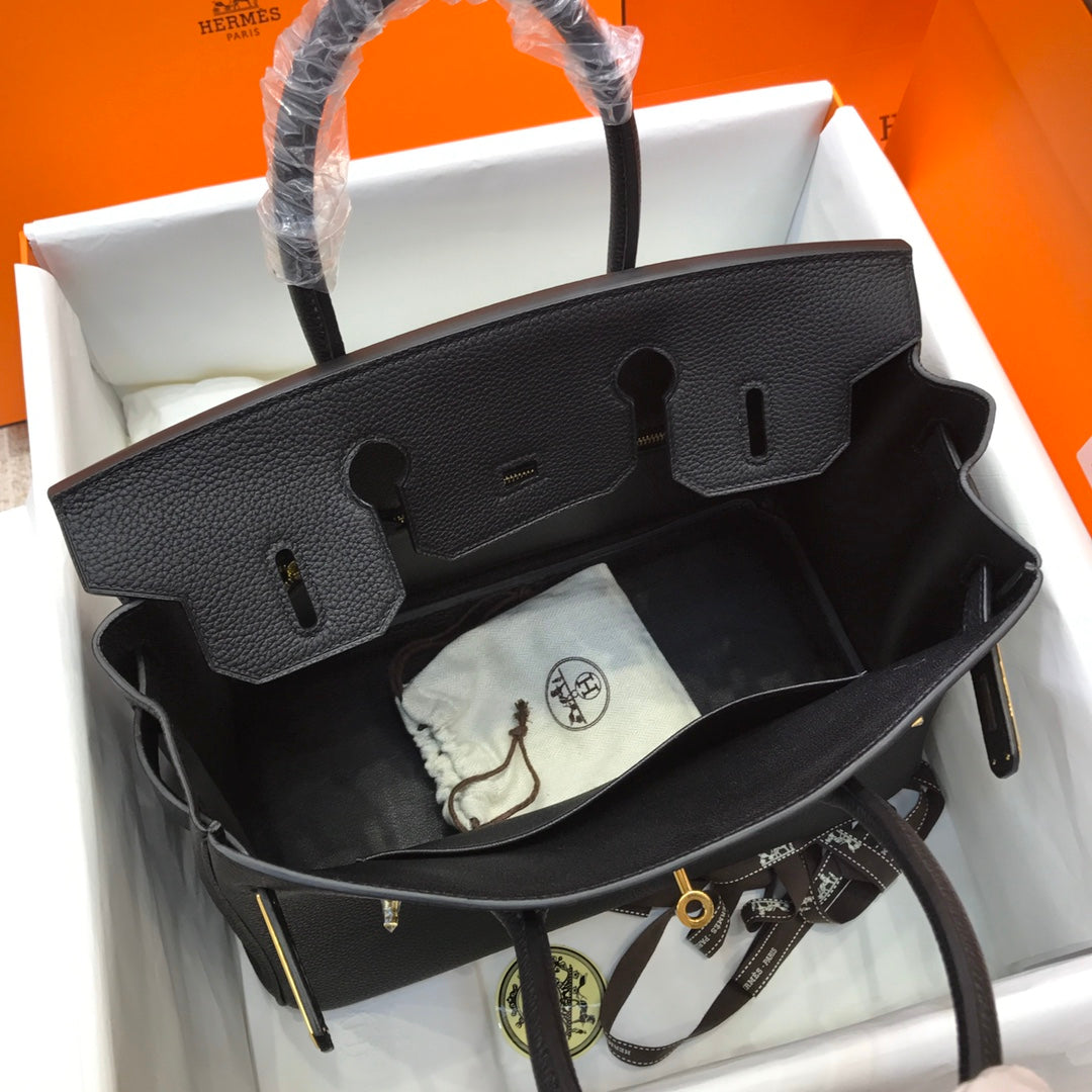 Handmade black Togo leather top handle bag 30cm detail view 5