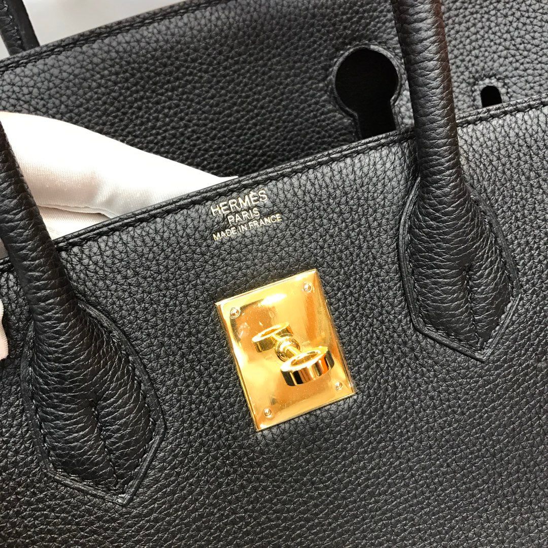 Handmade black Togo leather top handle bag 30cm detail view 6