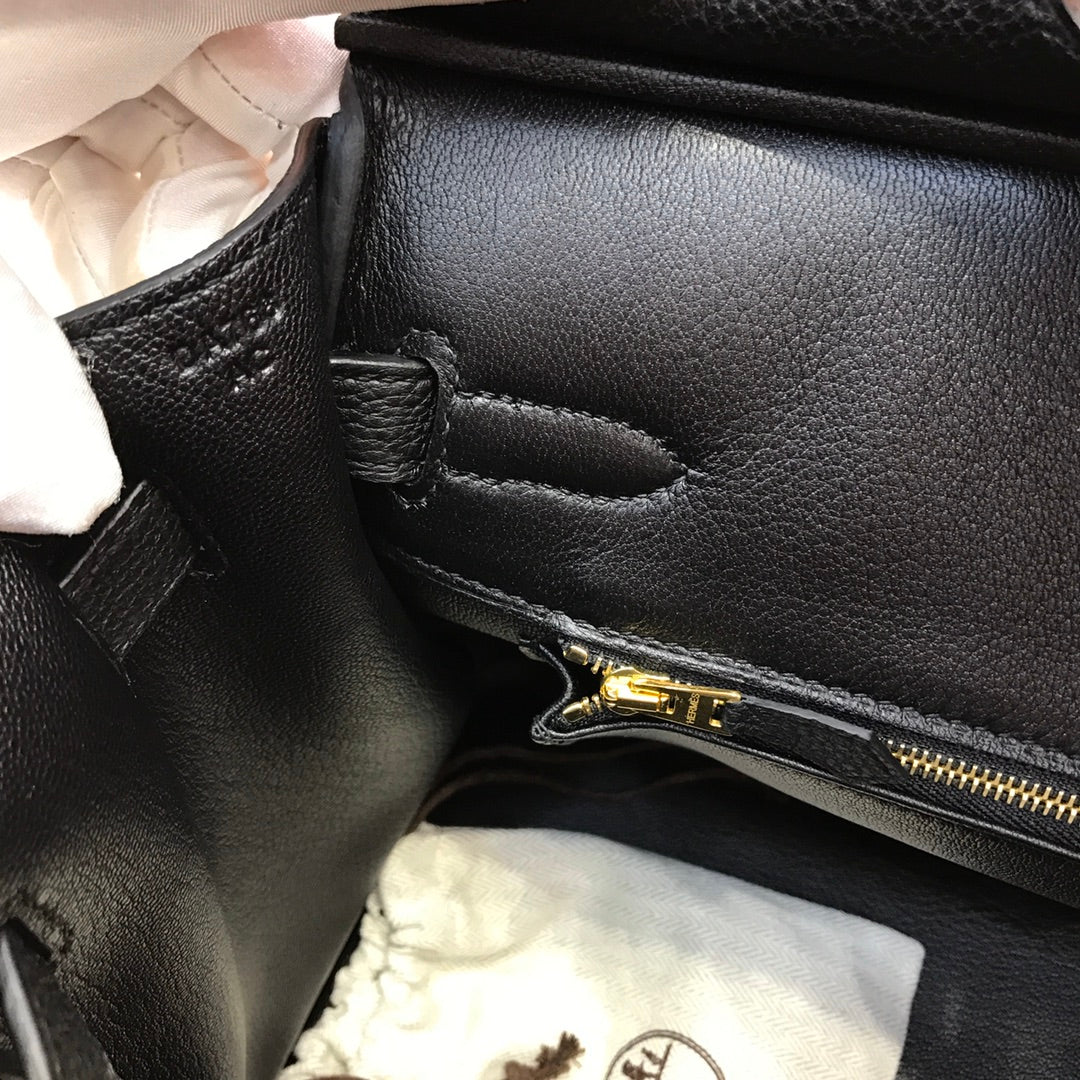 Handmade black Togo leather top handle bag 30cm detail view 7