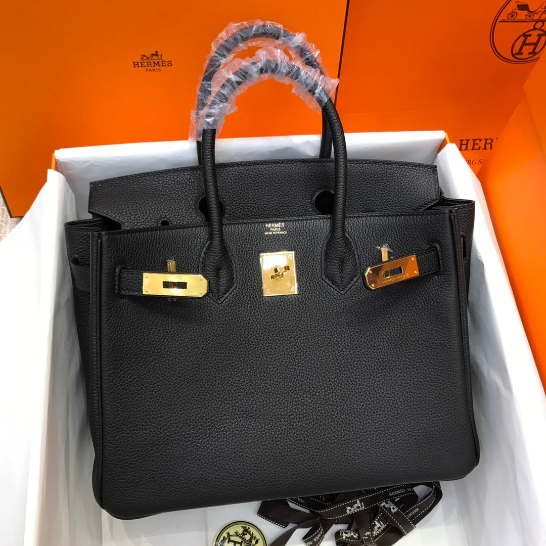 Handmade black Togo leather top handle bag 30cm detail view 8