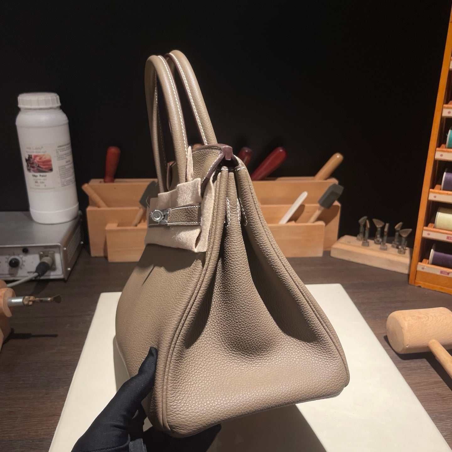 Handmade Etoupe Togo leather top handle bag with silver hardware 30cm detail view 6