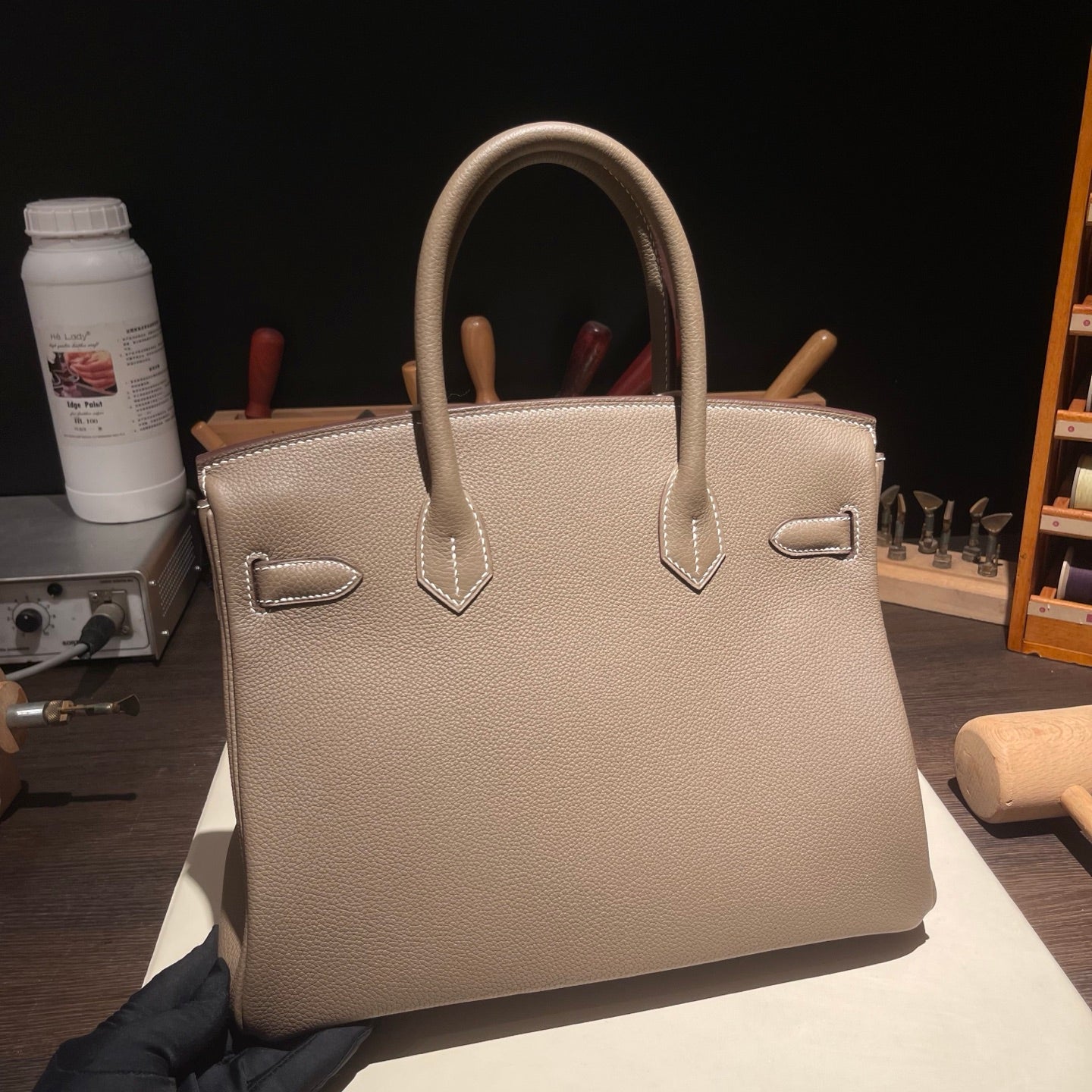 Handmade Etoupe Togo leather top handle bag with silver hardware 30cm detail view 7