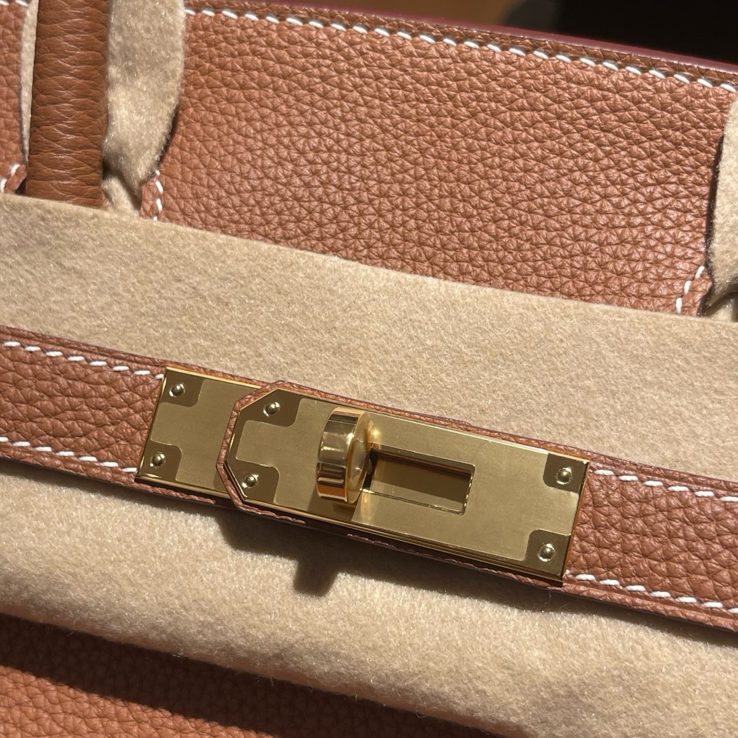 Handmade Gold Brown Togo leather top handle bag with gold hardware 30cm detail view 3
