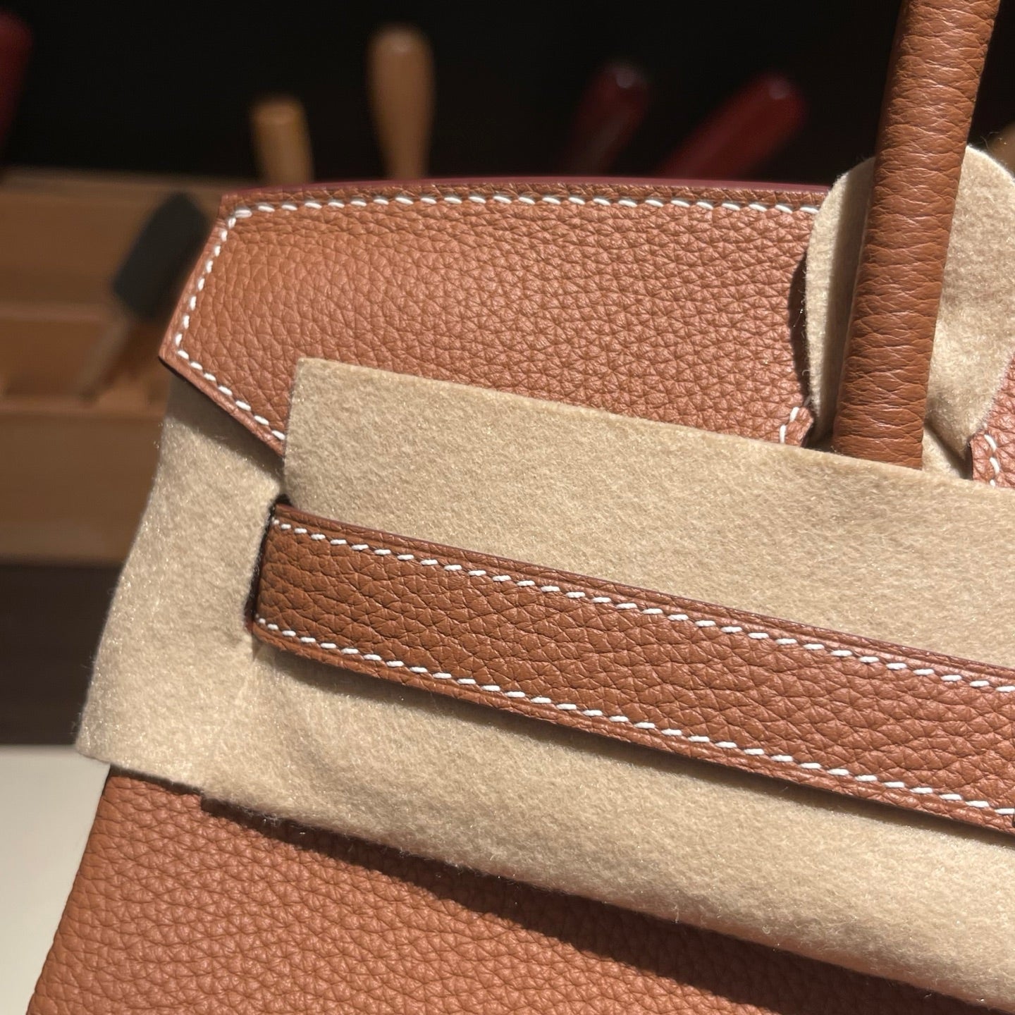 Handmade Gold Brown Togo leather top handle bag with gold hardware 30cm detail view 4