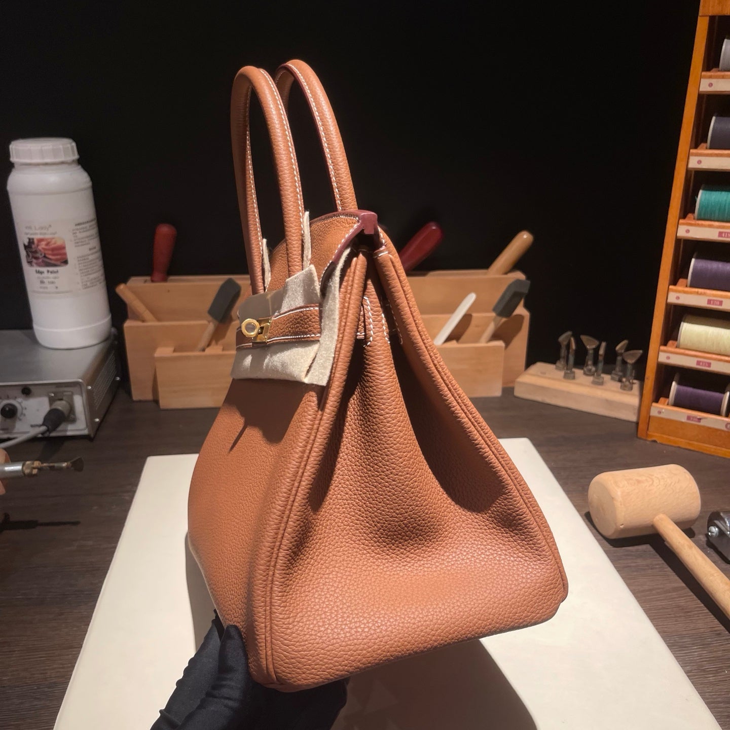 Handmade Gold Brown Togo leather top handle bag with gold hardware 30cm detail view 5