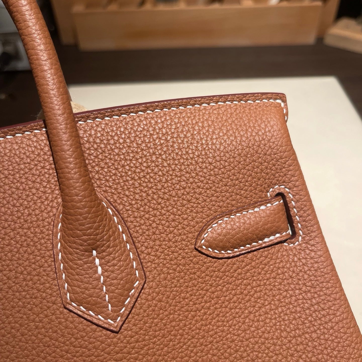 Handmade Gold Brown Togo leather top handle bag with gold hardware 30cm detail view 6