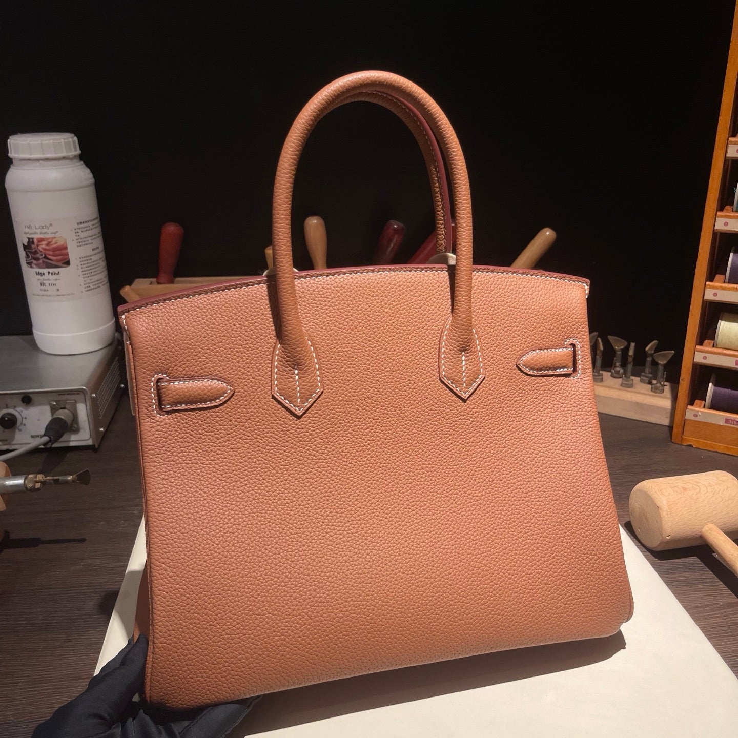 Handmade Gold Brown Togo leather top handle bag with gold hardware 30cm detail view 7