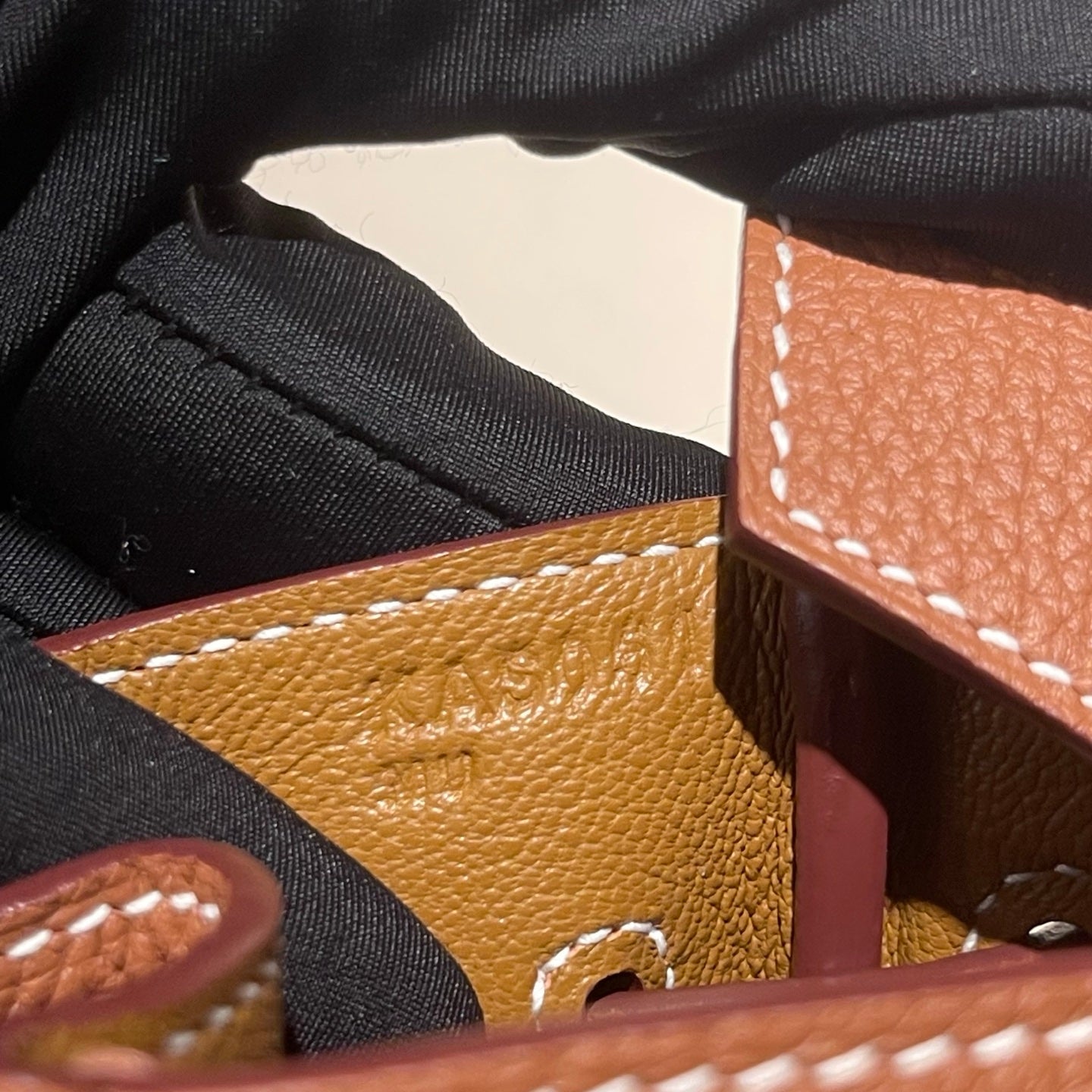 Handmade Gold Brown Togo leather top handle bag with gold hardware 30cm detail view 9