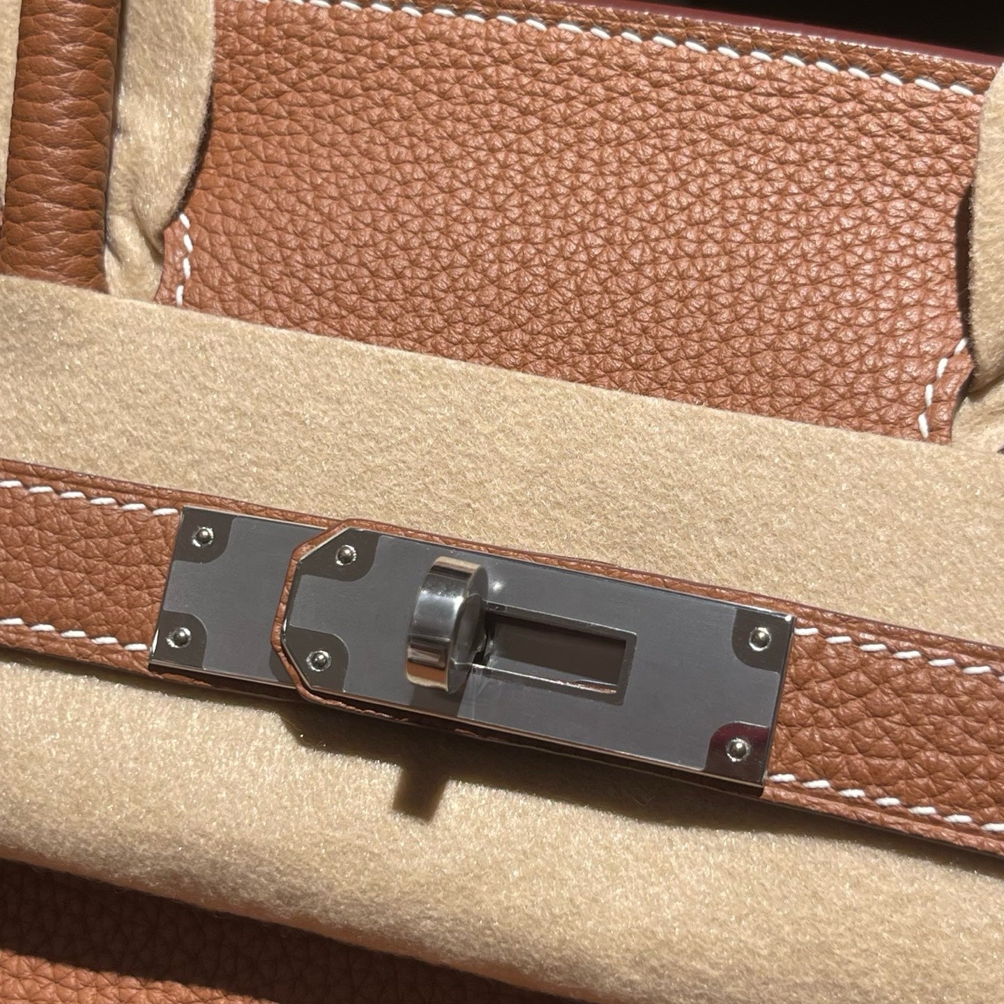 Handmade Gold Brown Togo leather top handle bag with silver hardware 30cm detail view 4