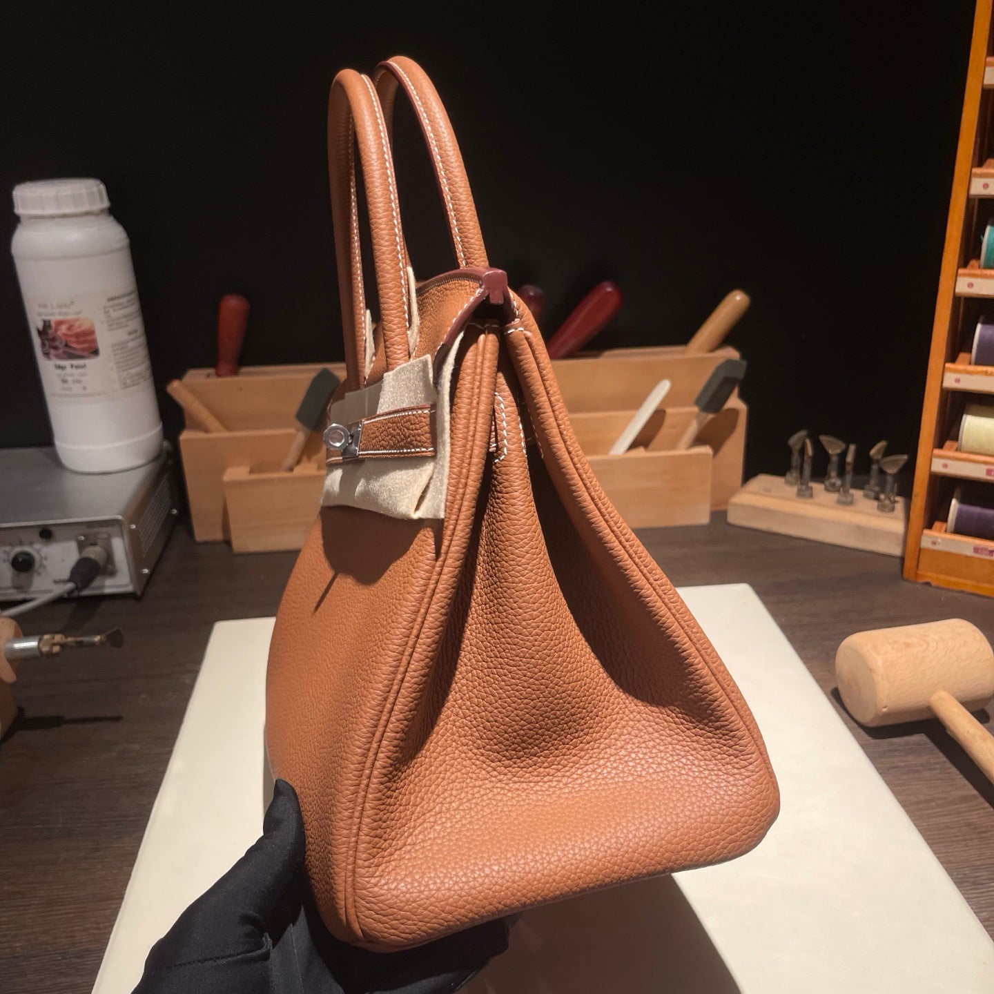 Handmade Gold Brown Togo leather top handle bag with silver hardware 30cm detail view 5