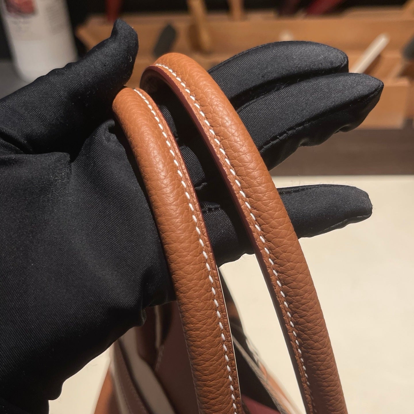 Handmade Gold Brown Togo leather top handle bag with silver hardware 30cm detail view 6