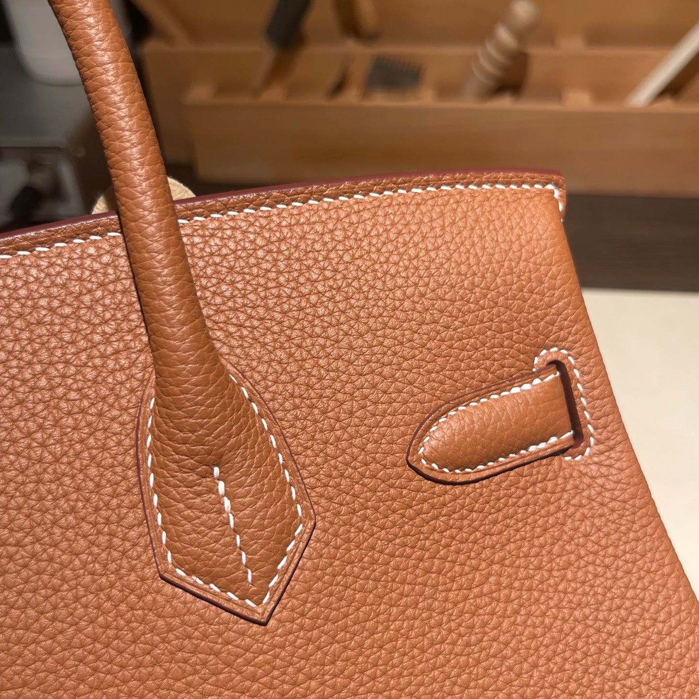 Handmade Gold Brown Togo leather top handle bag with silver hardware 30cm detail view 7