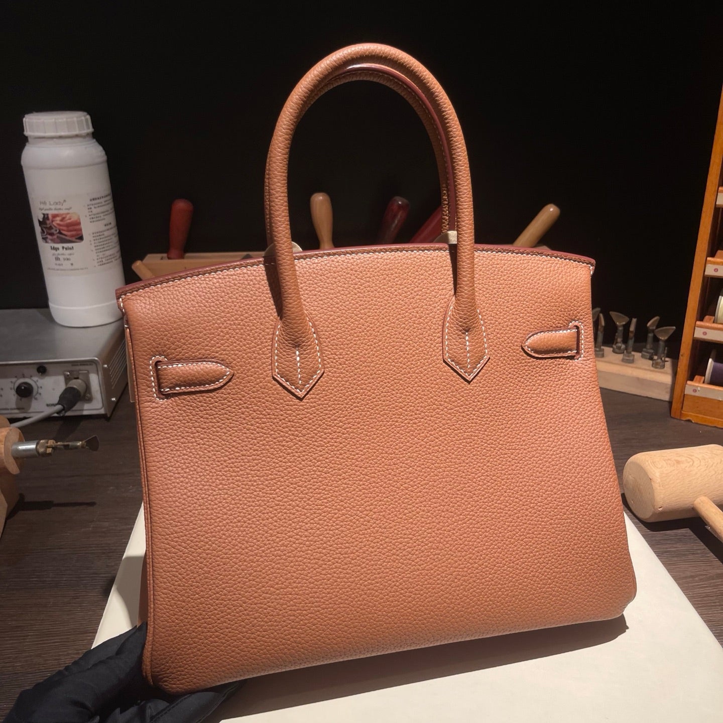 Handmade Gold Brown Togo leather top handle bag with silver hardware 30cm detail view 8