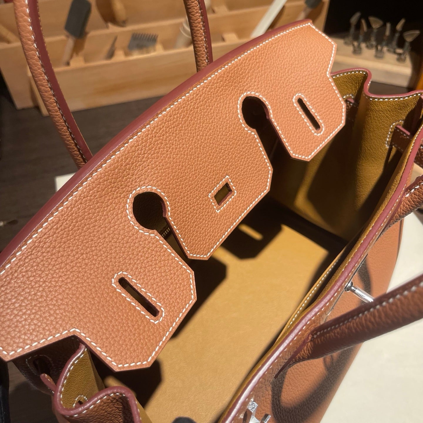 Handmade Gold Brown Togo leather top handle bag with silver hardware 30cm detail view 9