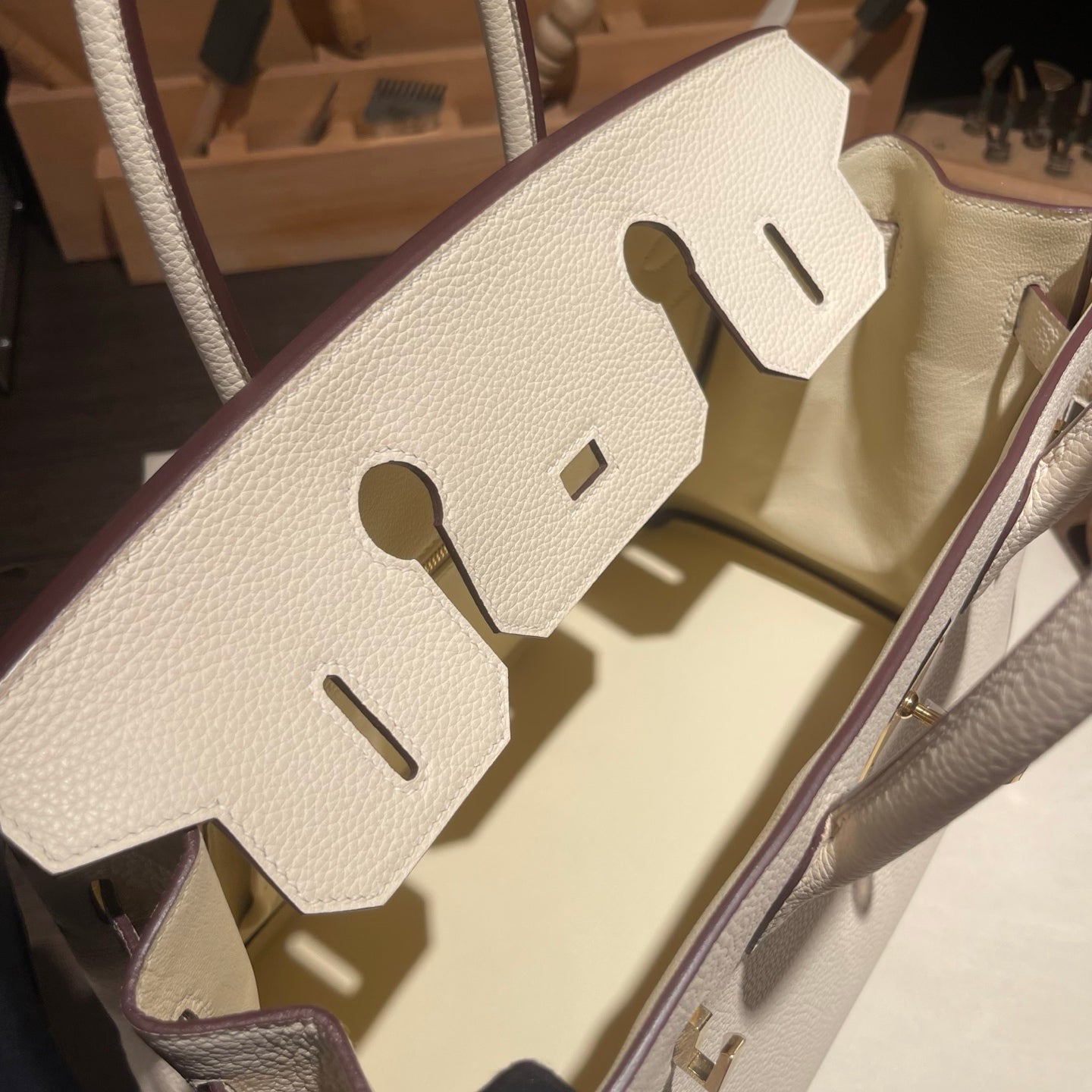 Handmade Cream White Togo leather top handle bag with gold hardware 30cm detail view 10