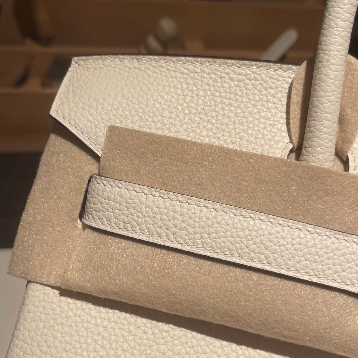 Handmade Cream White Togo leather top handle bag with silver hardware 30cm detail view 3