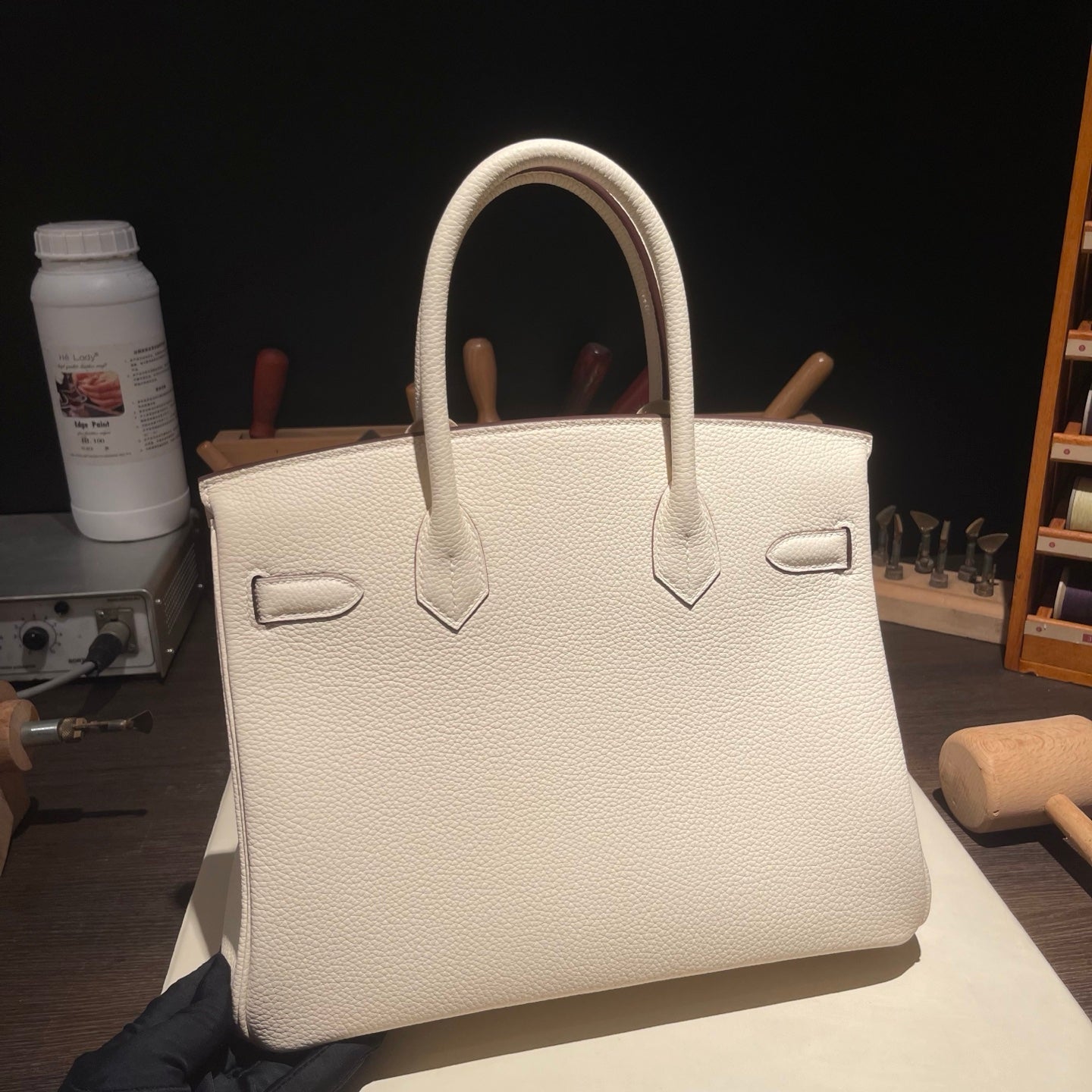 Handmade Cream White Togo leather top handle bag with silver hardware 30cm detail view 6