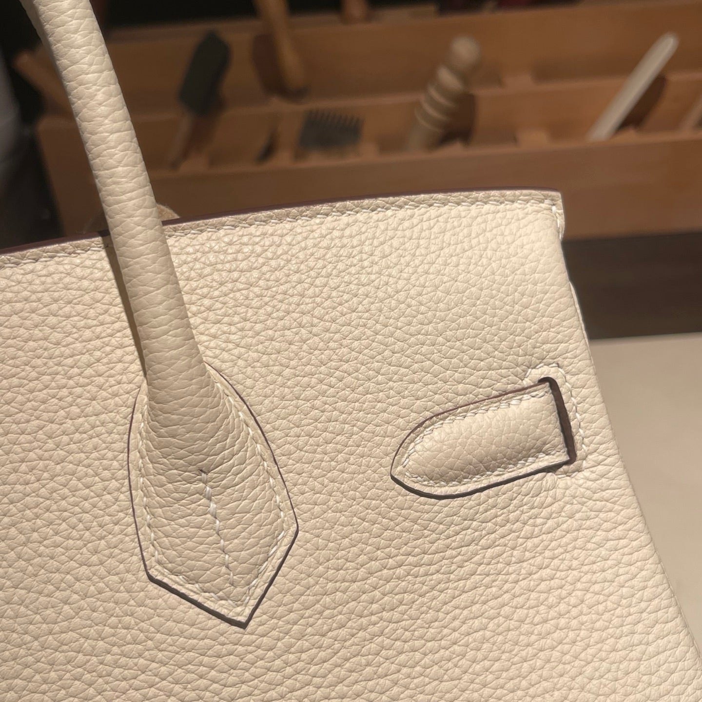 Handmade Cream White Togo leather top handle bag with silver hardware 30cm detail view 7