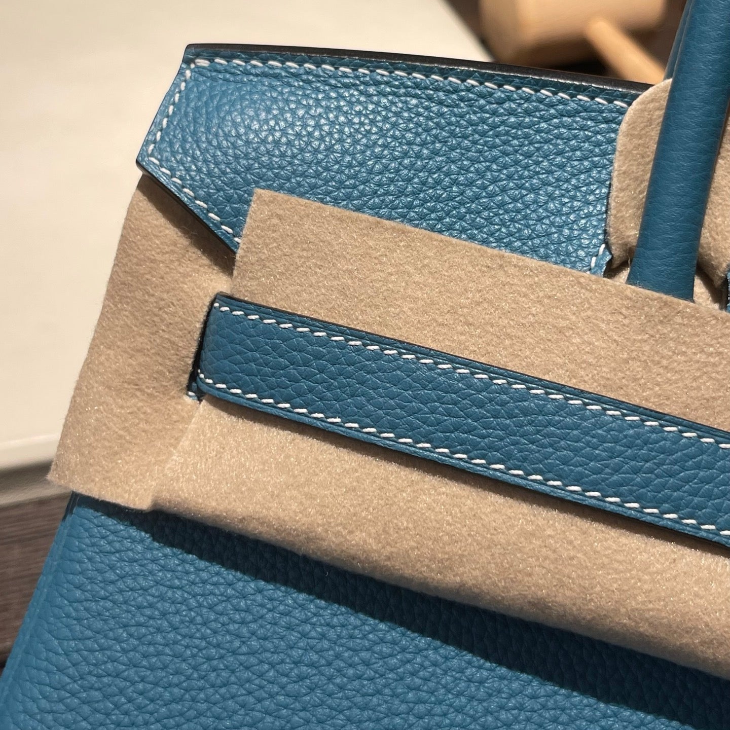 Handmade Denim Blue Togo leather top handle bag with gold hardware 30cm detail view 3
