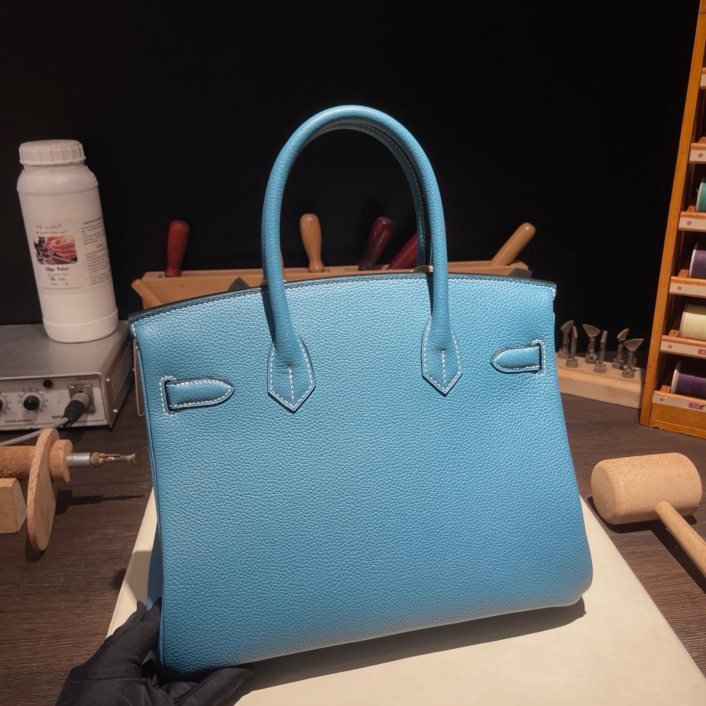 Handmade Denim Blue Togo leather top handle bag with gold hardware 30cm detail view 7