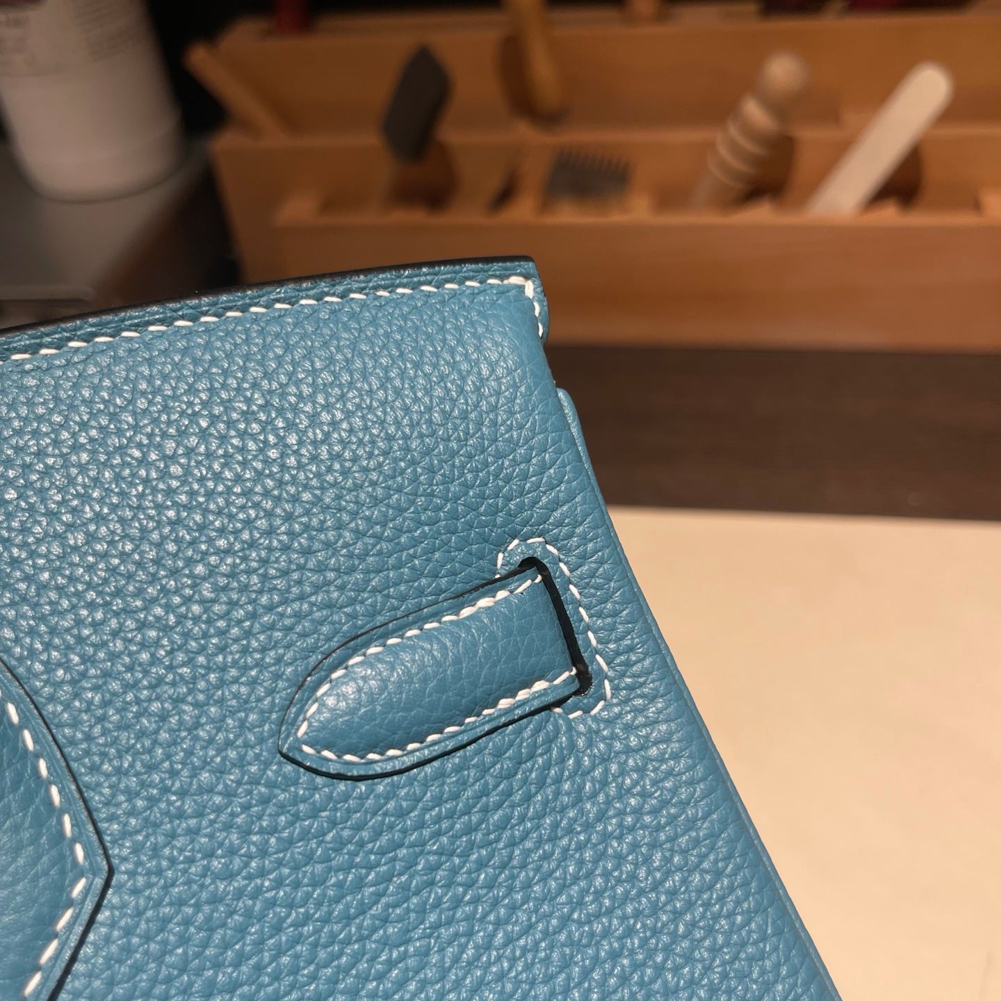 Handmade Denim Blue Togo leather top handle bag with gold hardware 30cm detail view 8