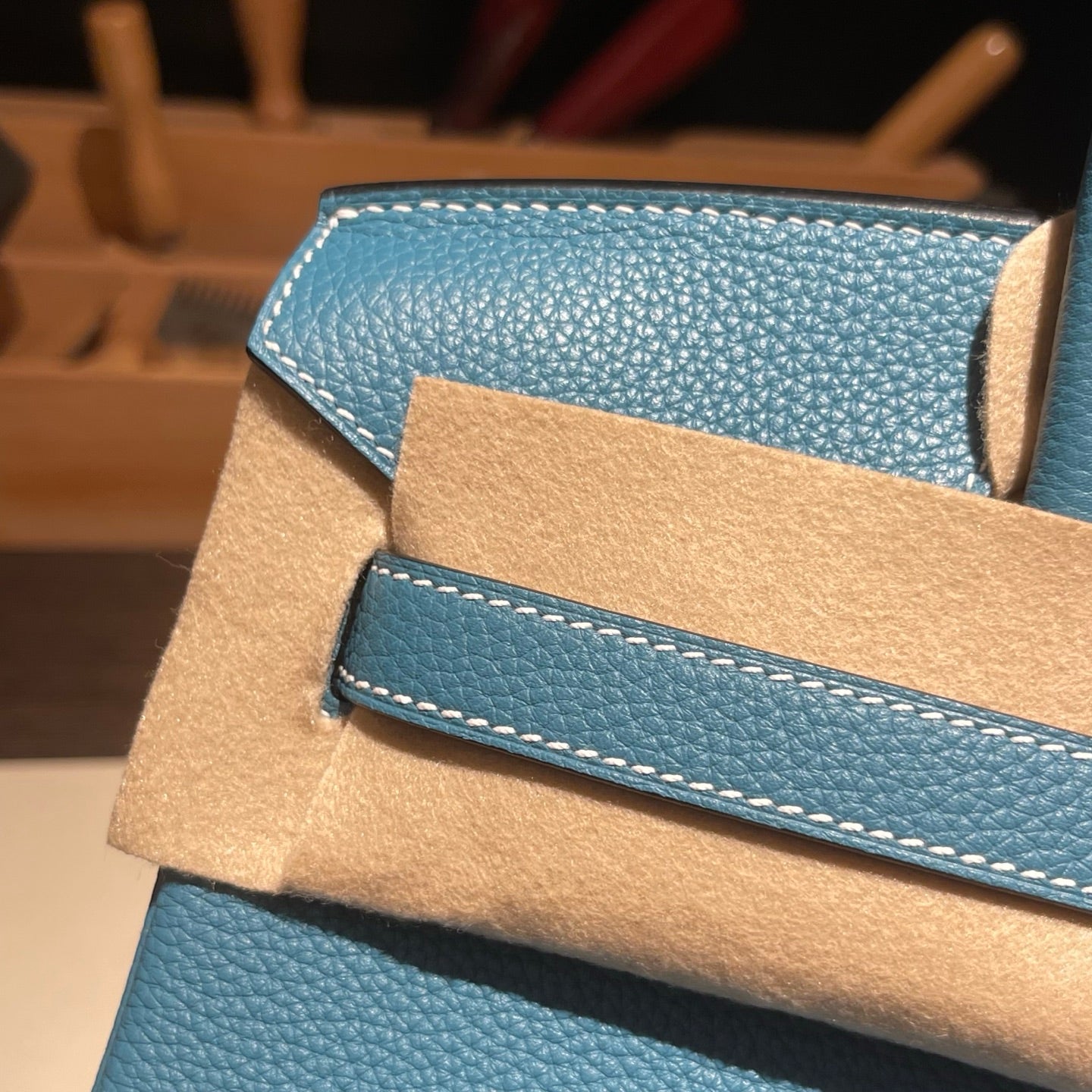Handmade Denim Blue Togo leather top handle bag with silver hardware 30cm detail view 3