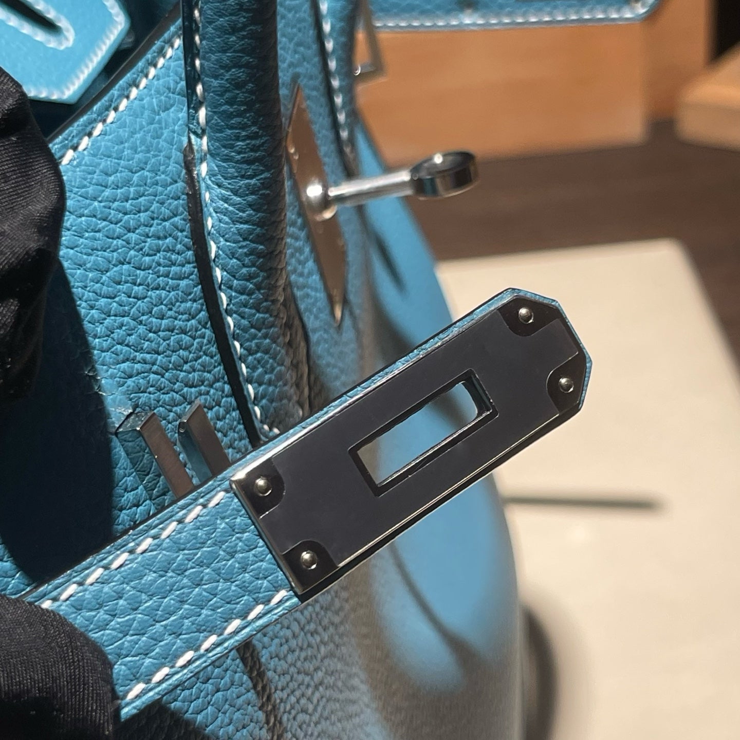 Handmade Denim Blue Togo leather top handle bag with silver hardware 30cm detail view 4