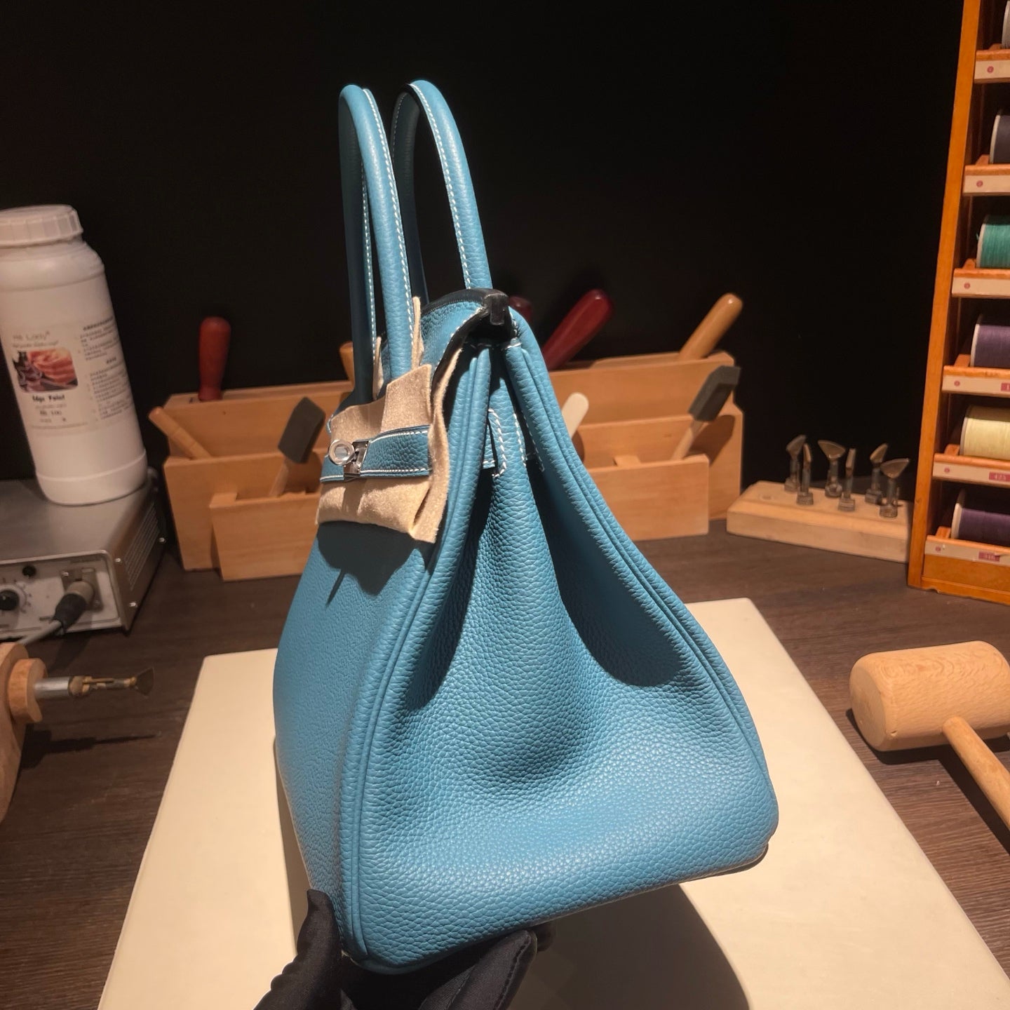 Handmade Denim Blue Togo leather top handle bag with silver hardware 30cm detail view 5