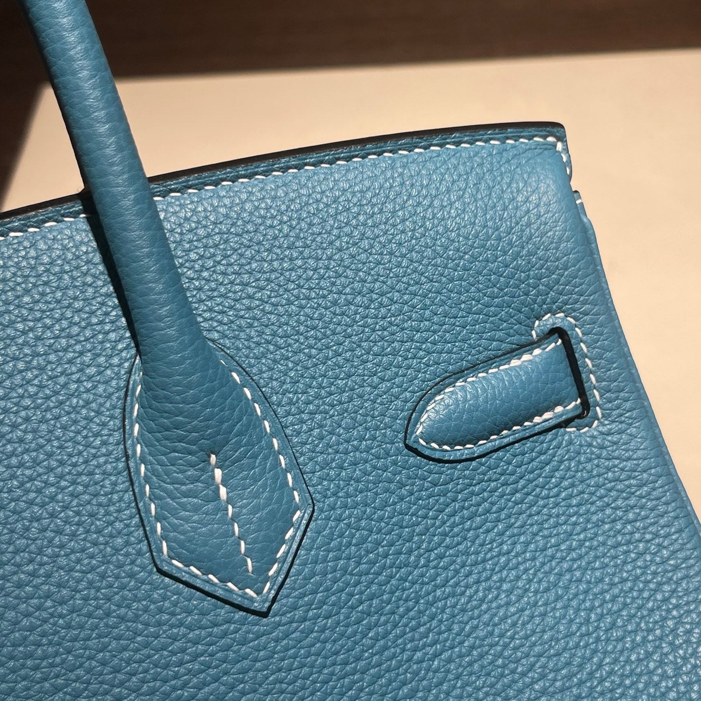Handmade Denim Blue Togo leather top handle bag with silver hardware 30cm detail view 6