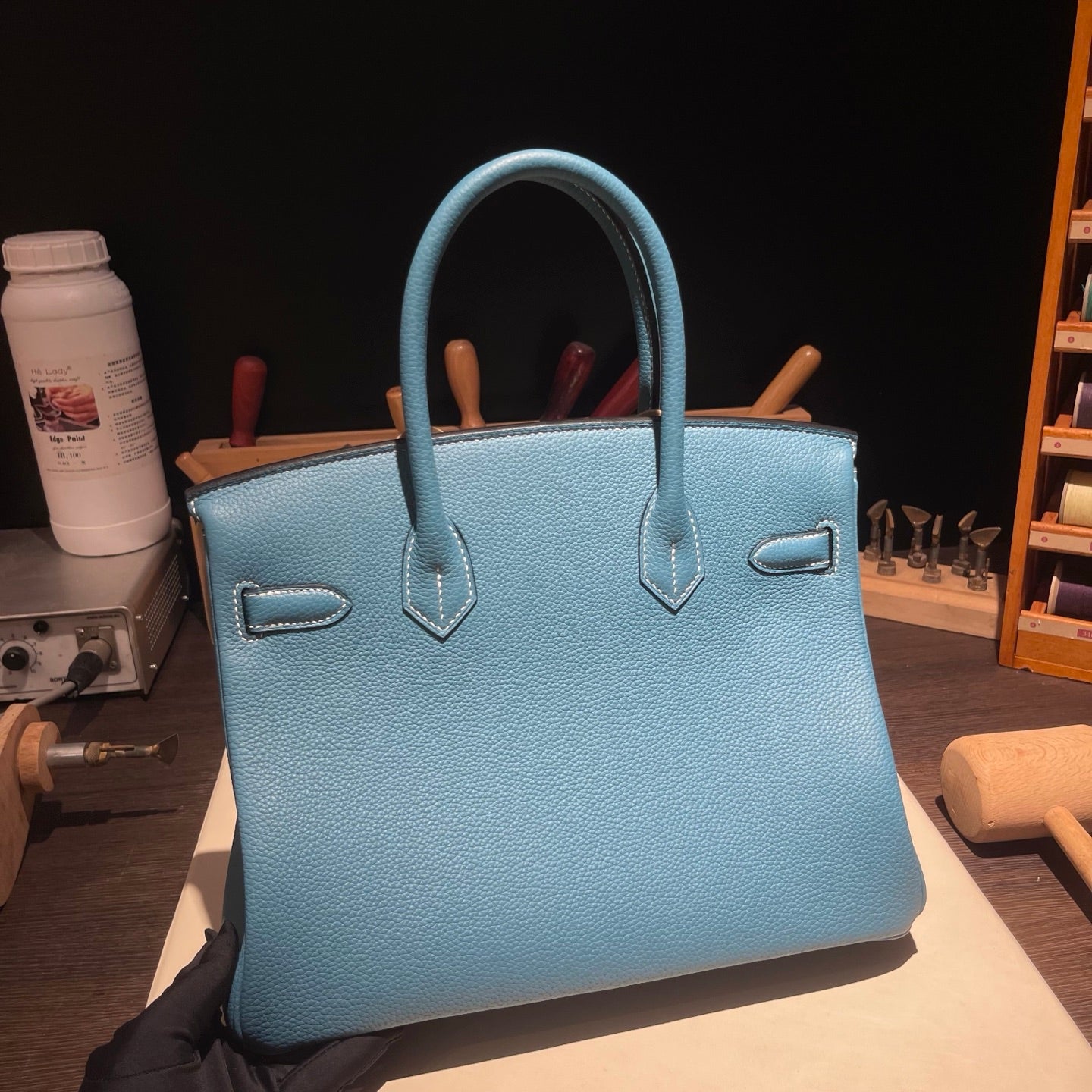 Handmade Denim Blue Togo leather top handle bag with silver hardware 30cm detail view 7