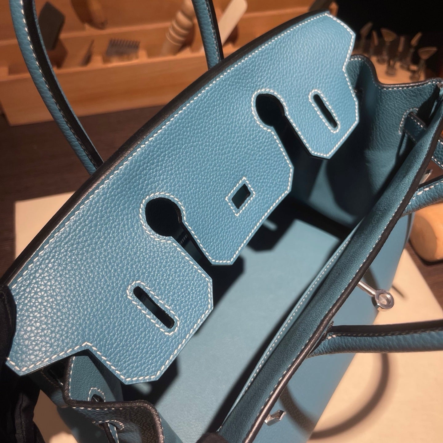 Handmade Denim Blue Togo leather top handle bag with silver hardware 30cm detail view 8