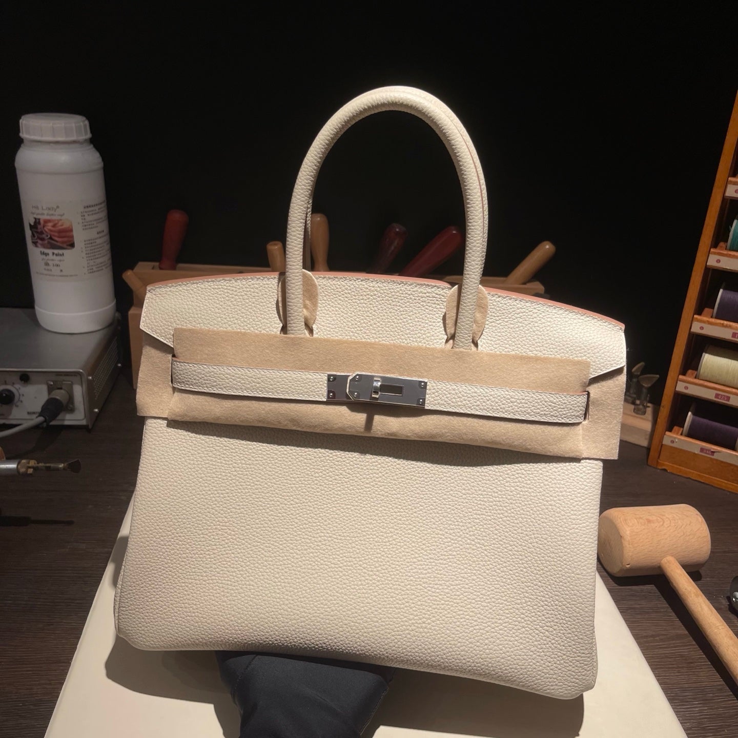Handmade Milkshake White Togo leather top handle bag with silver hardware 30cm detail view 2