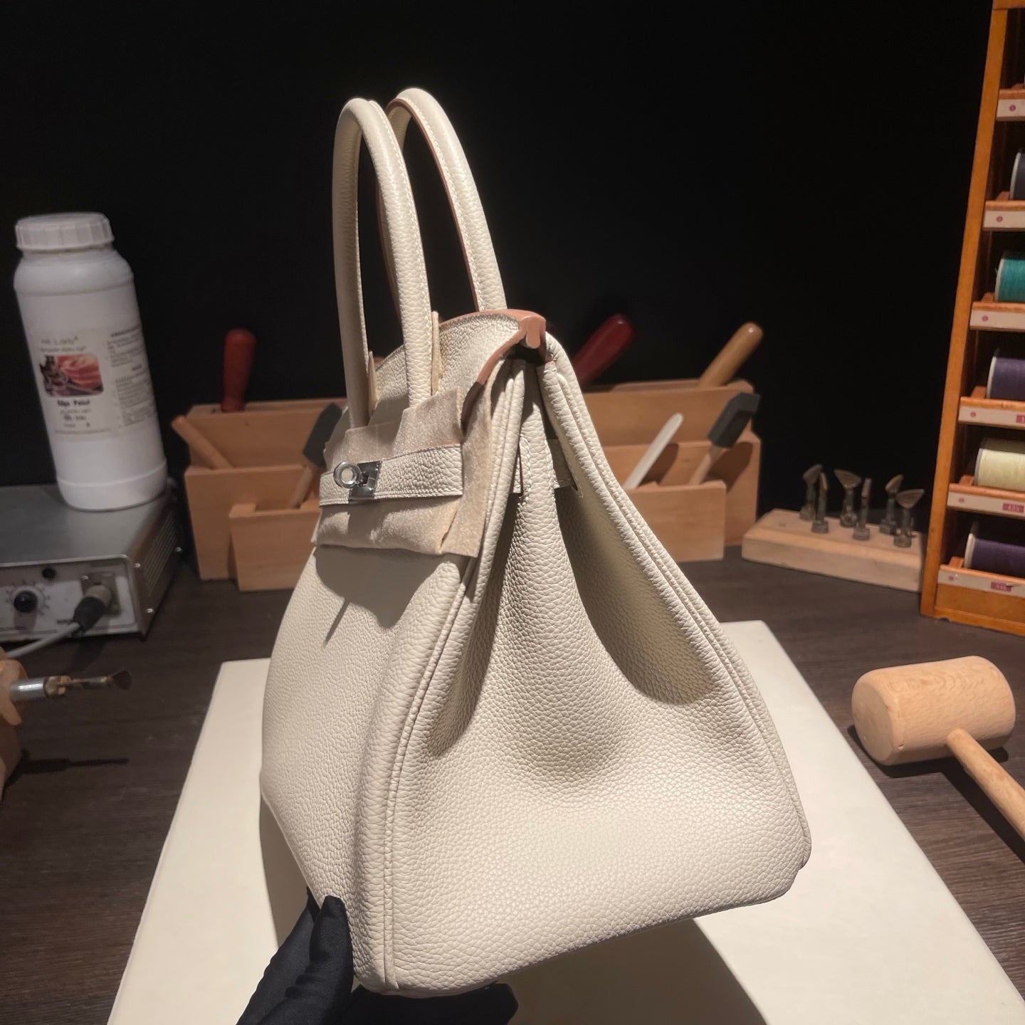 Handmade Milkshake White Togo leather top handle bag with silver hardware 30cm detail view 5