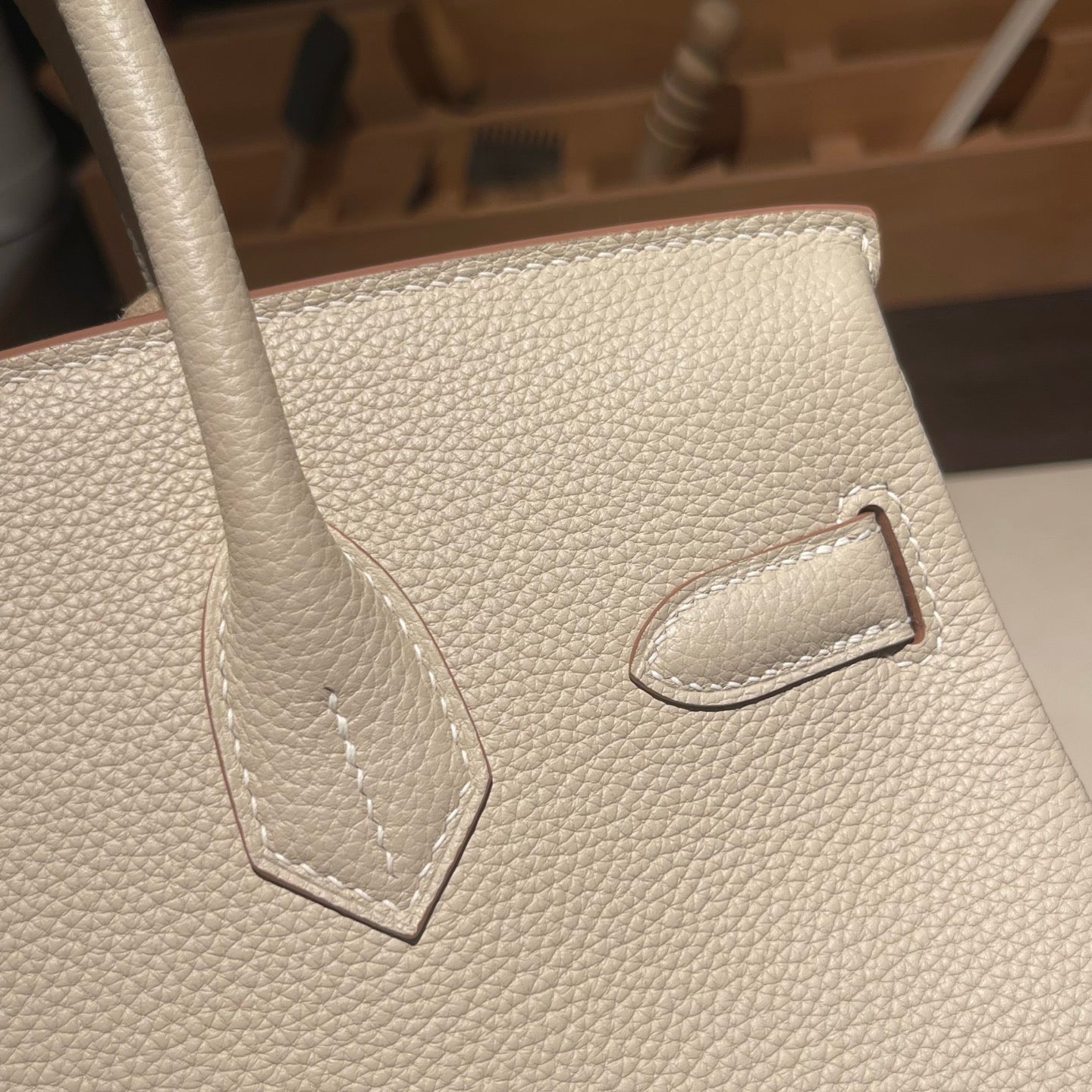 Handmade Milkshake White Togo leather top handle bag with silver hardware 30cm detail view 7