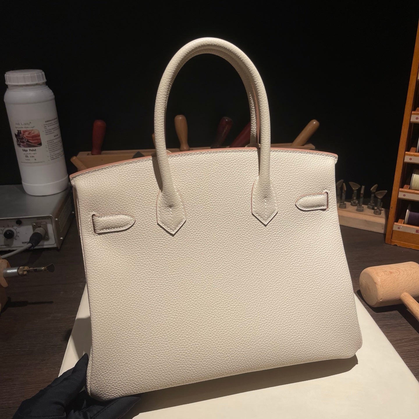 Handmade Milkshake White Togo leather top handle bag with silver hardware 30cm detail view 8