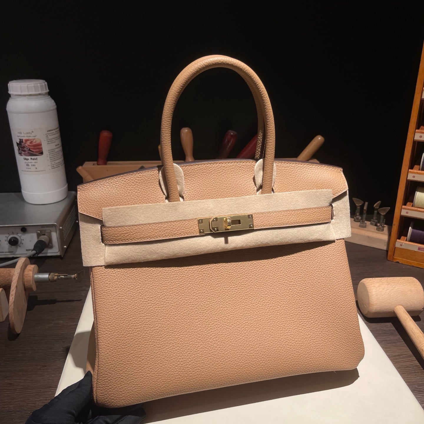 Handmade Milk Tea Togo leather top handle bag with gold hardware 30cm detail view 1