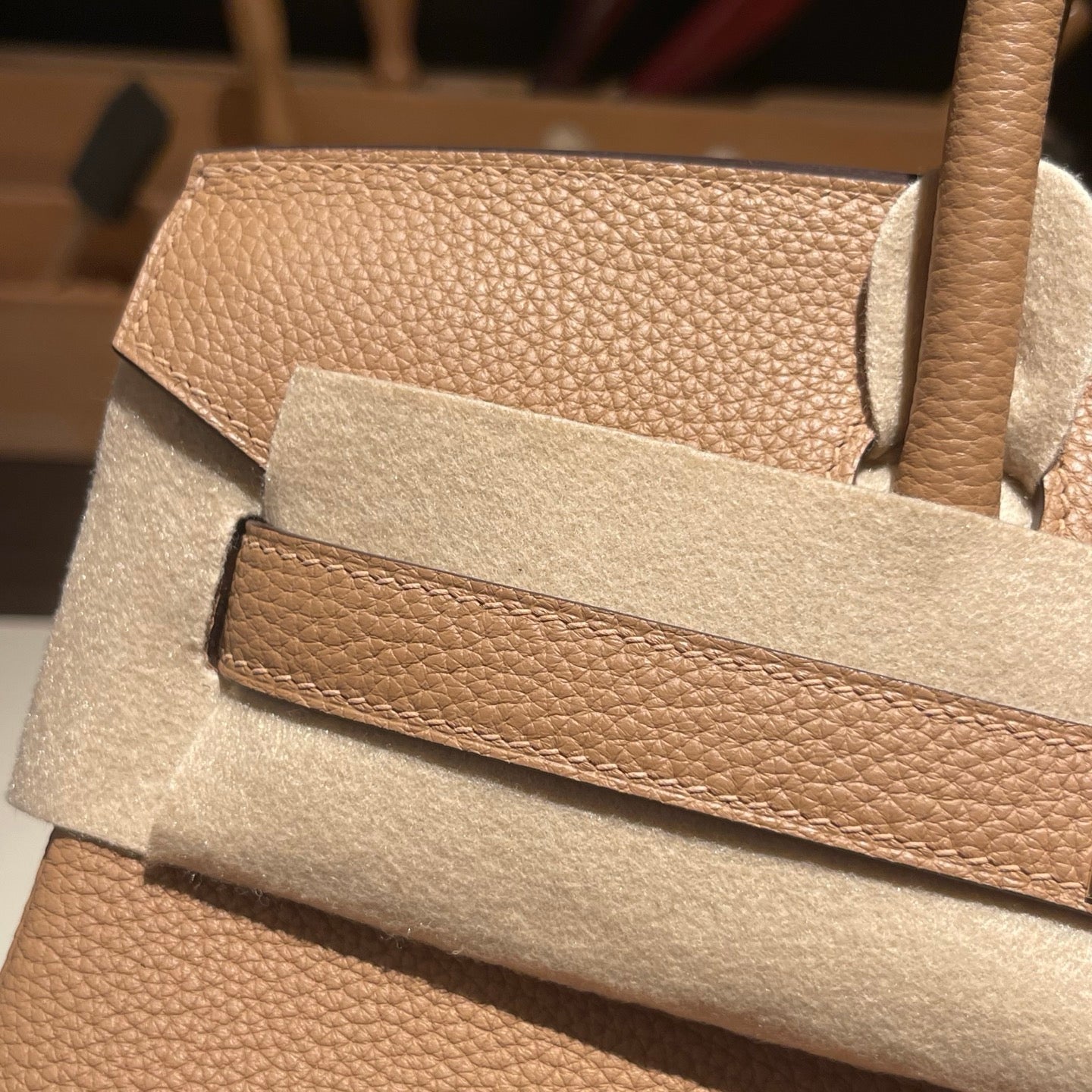 Handmade Milk Tea Togo leather top handle bag with gold hardware 30cm detail view 3