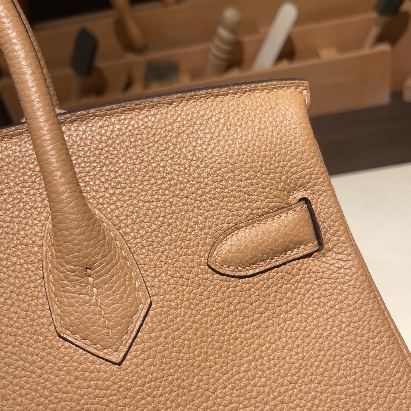 Handmade Milk Tea Togo leather top handle bag with gold hardware 30cm detail view 7