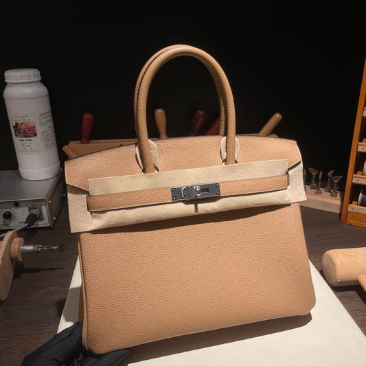 Handmade Milk Tea Togo leather top handle bag with silver hardware 30cm detail view 1