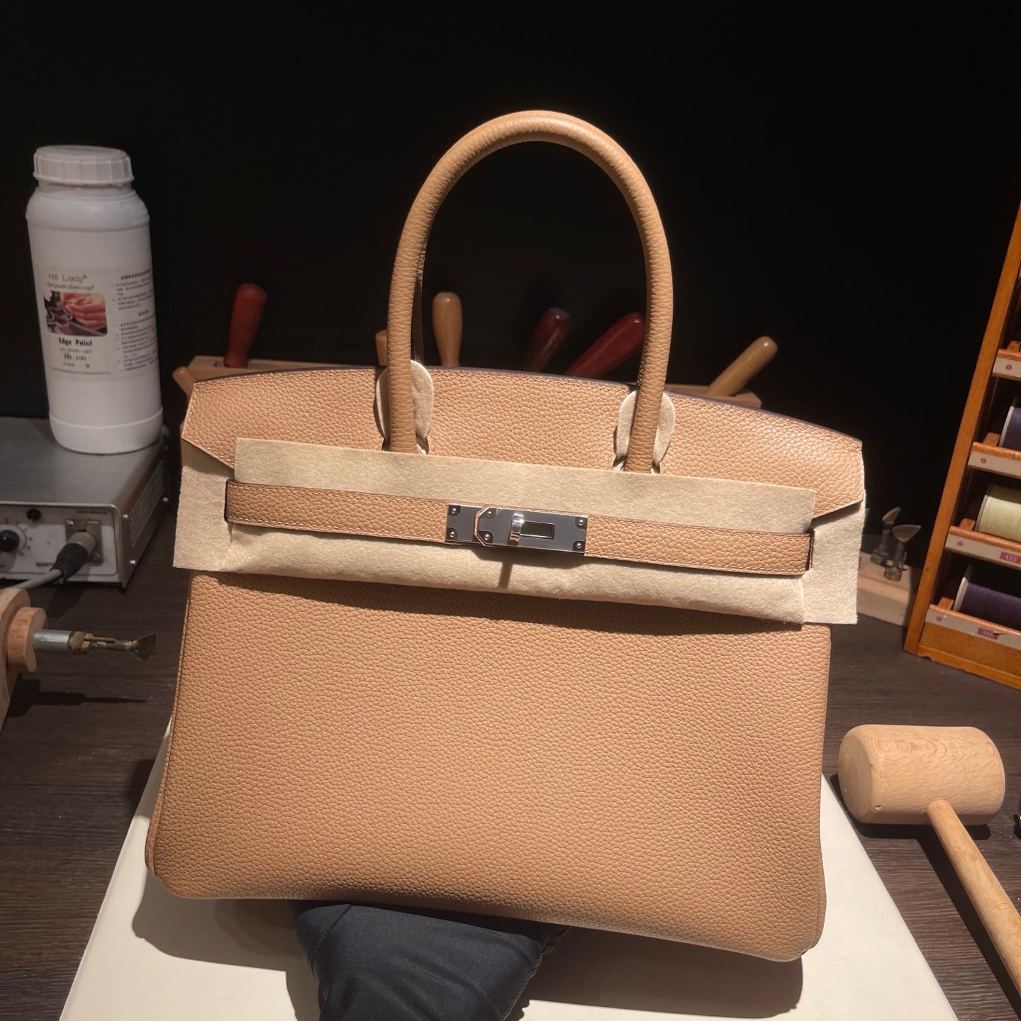 Handmade Milk Tea Togo leather top handle bag with silver hardware 30cm detail view 2