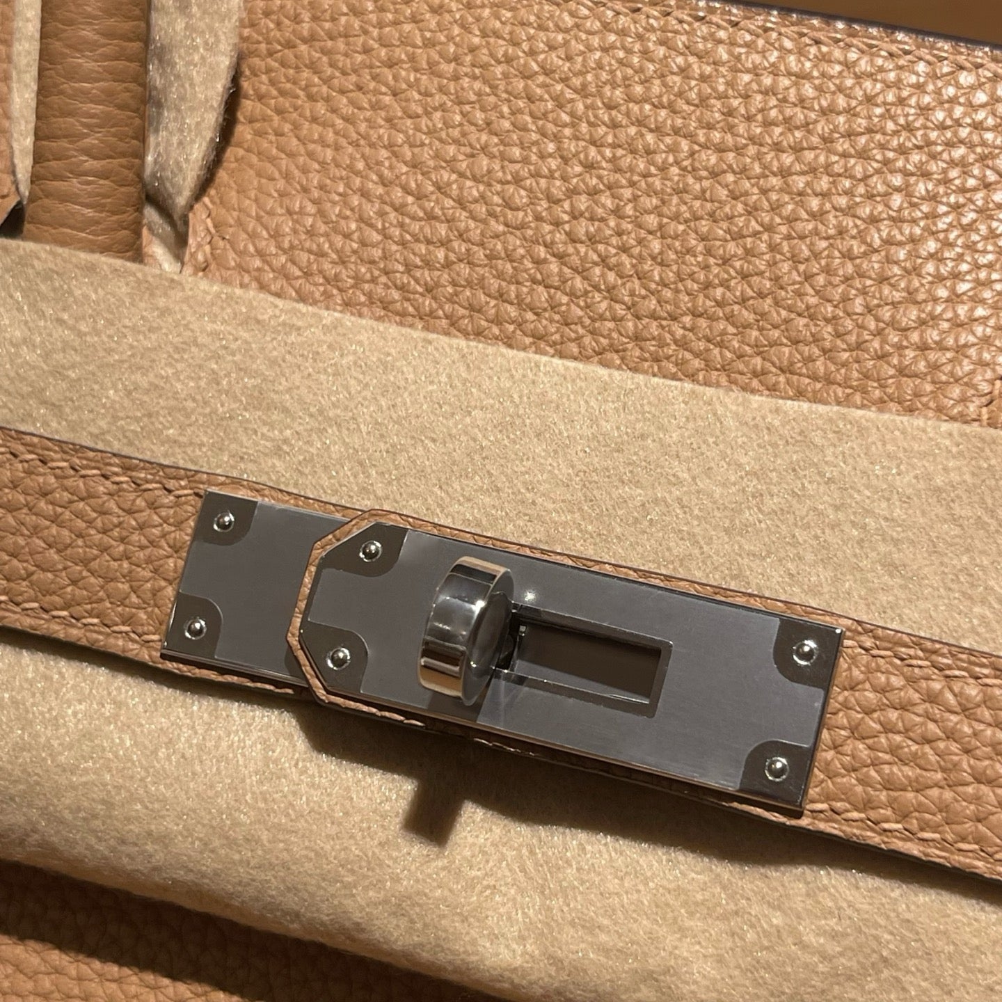 Handmade Milk Tea Togo leather top handle bag with silver hardware 30cm detail view 4