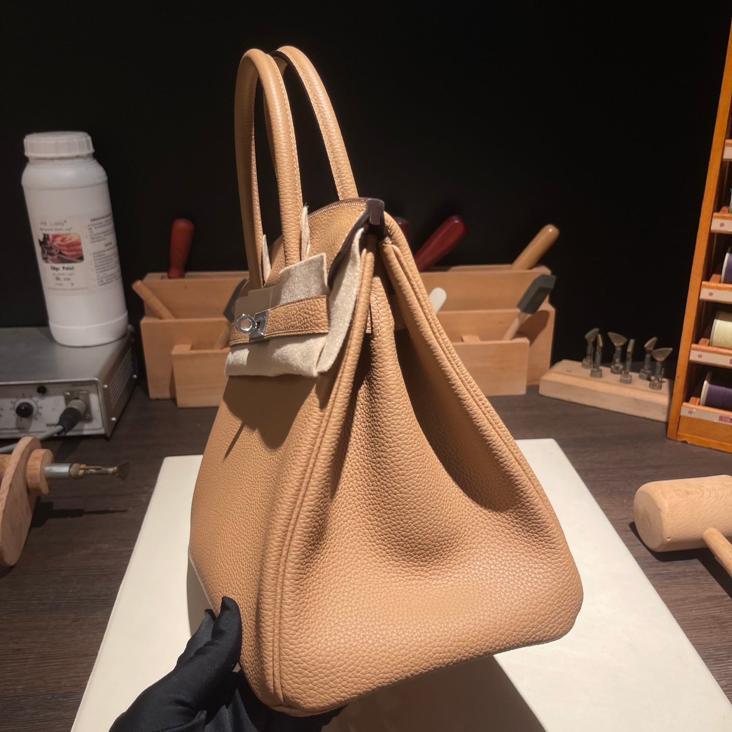Handmade Milk Tea Togo leather top handle bag with silver hardware 30cm detail view 5