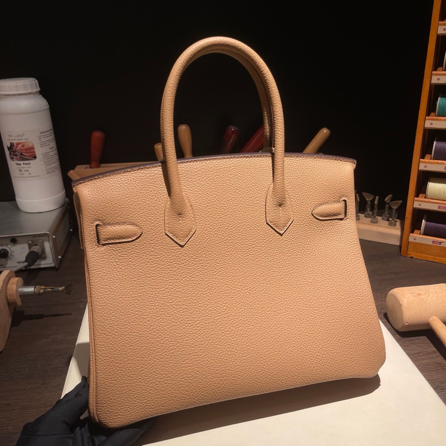 Handmade Milk Tea Togo leather top handle bag with silver hardware 30cm detail view 6