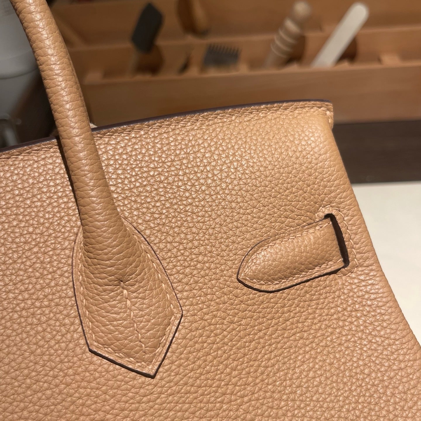 Handmade Milk Tea Togo leather top handle bag with silver hardware 30cm detail view 7